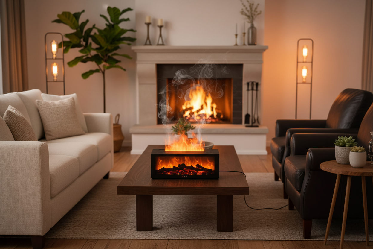 Realistic Fireplace Humidifier in Living Room